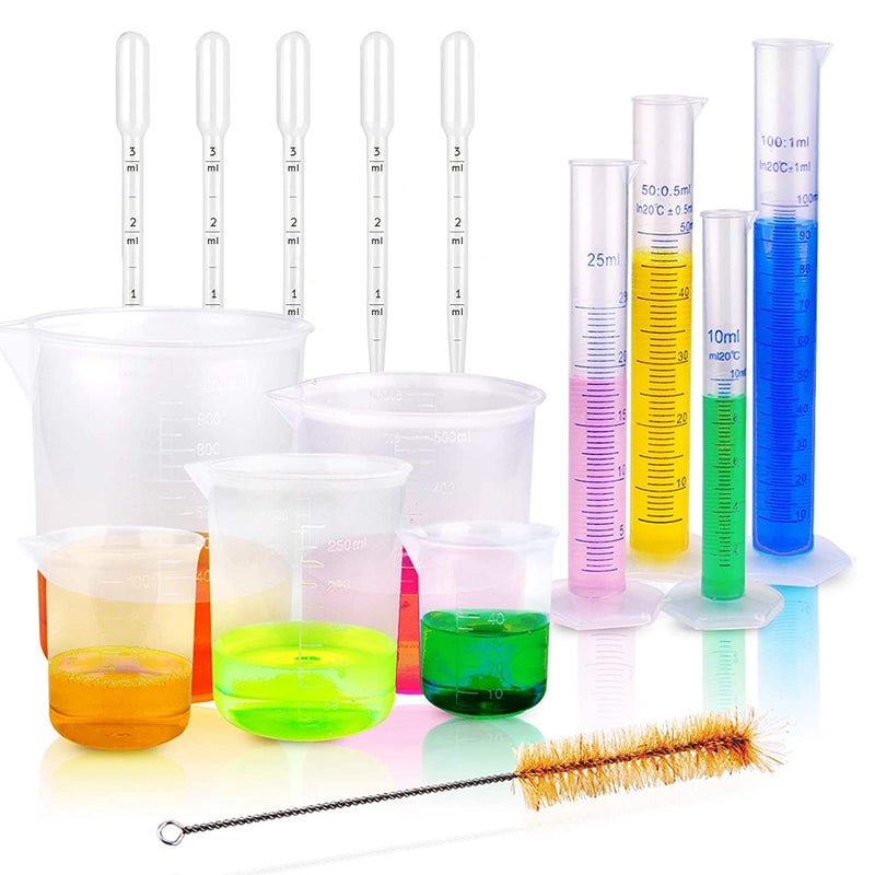 SPYLX Plastic Lab Equipment Kit Including 102550100ml Measuring Cylinder 501002505001000ml Measuring Beaker 5pc of Plastic Droppers and a One Cleaning Brush - Image 1