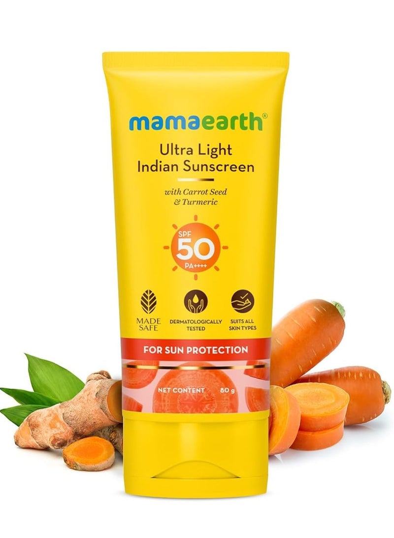Mamaearth Mamaearth Ultra Light Indian Sunscreen Cream with Carrot Seed, Turmeric and SPF 50 PA+++ (80ml) - Image 1