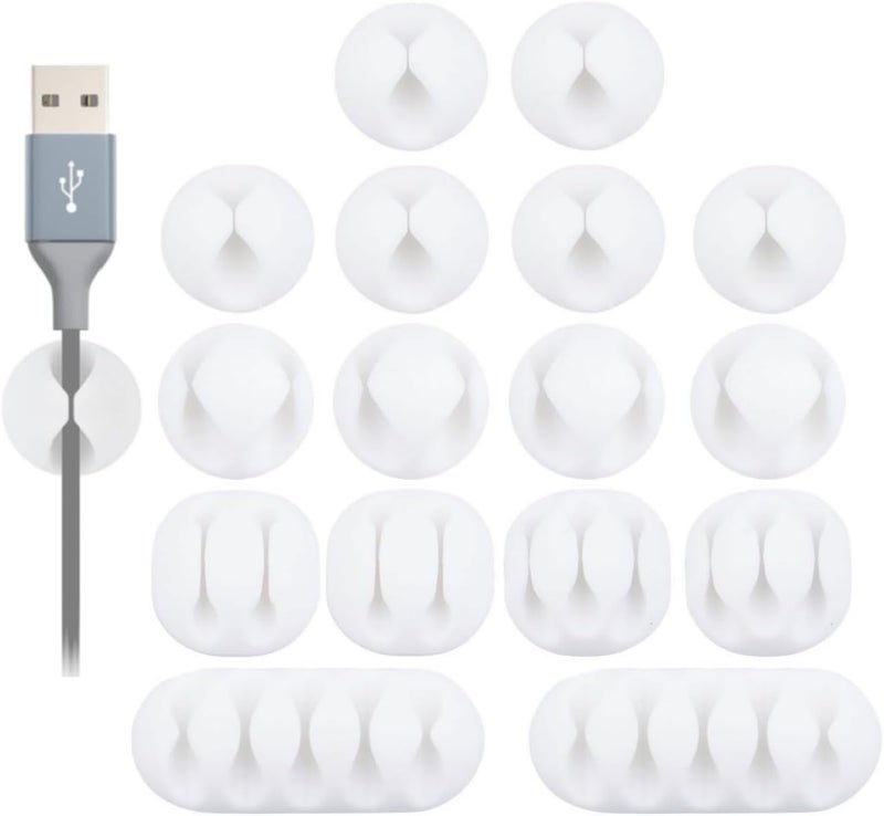 OHill 16-Pack White Cable Clips Holders, Self-Adhesive Desk Cable Management Cord Organizer, 12cm - Image 1