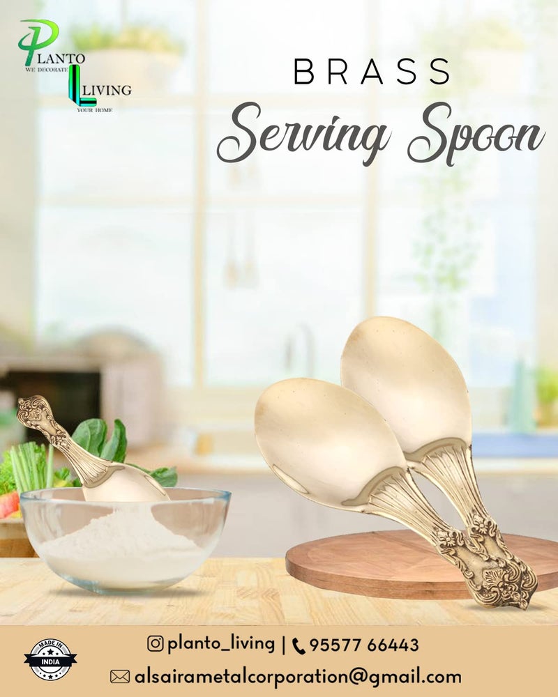 Planto Living Designer Brass Rice Palta for Serving Chammach, Rice Plate Palta, Brass Rice Serving Spoon for Kitchen and Dining Table - 9 inch Long (Set of 2) - Image 2