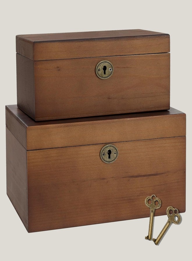 SUJUN Wooden Keepsake Box with Hinged Lid, 2 Pack Vintage Lockable Storage Chest for Jewelry Letters & Memories, Decorative Wood Boxes with Antique Brass Lock, Walnut Finish Home Décor Gift - Image 1