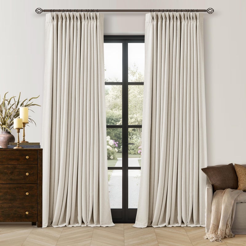 TWODRAPES 100 Inch Blackout Linen Curtains Pinch Pleated Back Tab Dual Layer Thermal Inslulated Room Darkening 100% Black Out Curtains 2 Panels for Sliding Glass Door Bedroom Living Cream Ivory Window Drapes - Image 1