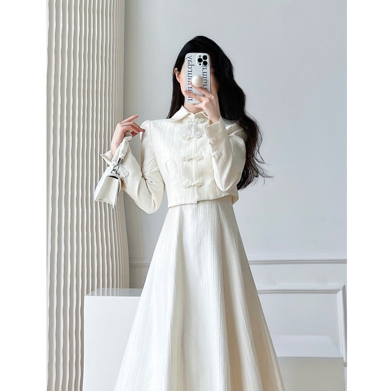 2024 Autumn New Improved Cheongsam Suit Skirt Tight Waist Slimming Two-piece Elegant Chanel Sling dress Off-white