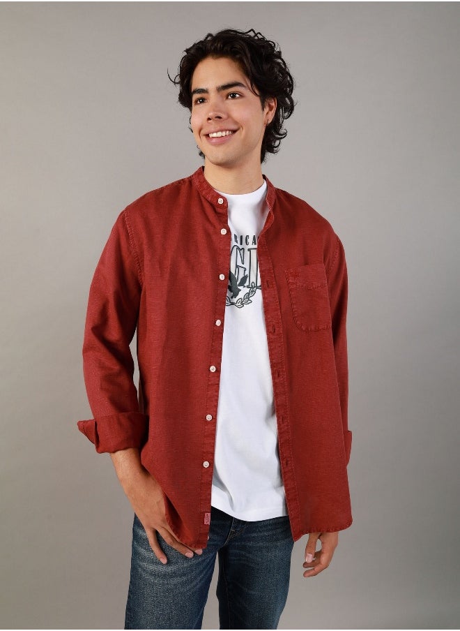 American Eagle - AE Band Collar Linen Button-Up Shirt - Image 1