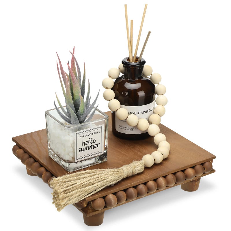 Kathfly Kathfly Wood Riser and Wood Bead Garland Set Wooden Trivets Farmhouse Beaded Riser for Display Square Brown Wooden Trivets Decorative for Coffee Bar Bathroom Kitchen Island 