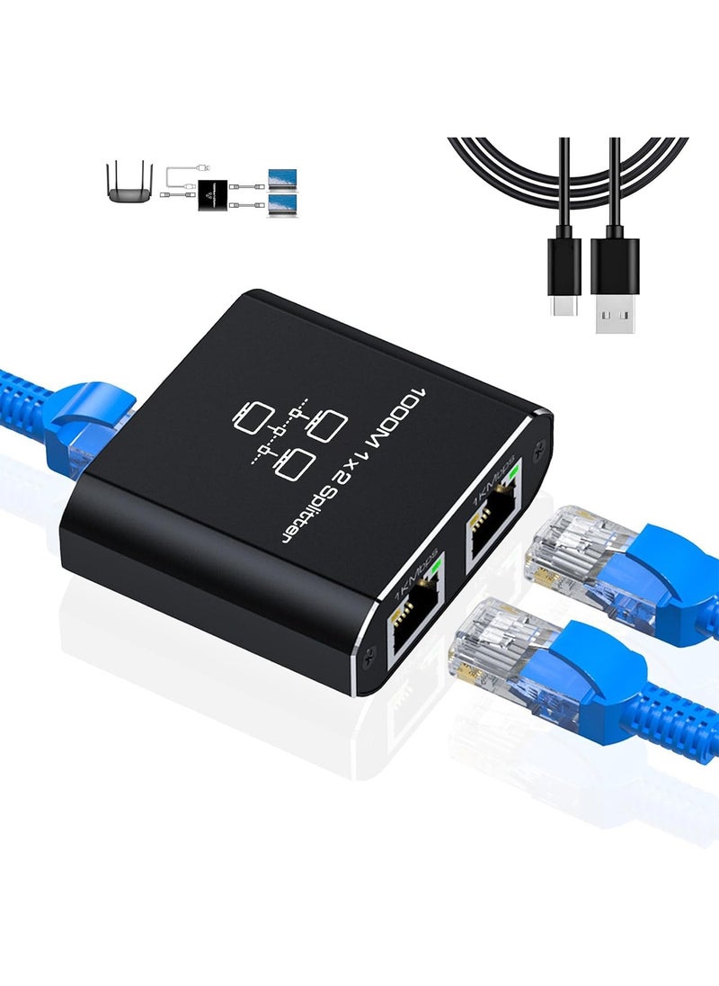 Aookay Ethernet Splitter 1 to 2, 1000Mbps RJ45 Gigabit Network Splitter 2 Port, LAN Splitter with USB Type-C Power Cable for Computer, Hub, Switch, Router, ADSL, Digital TV, etc Working Simultaneously (P2)  - Image 1