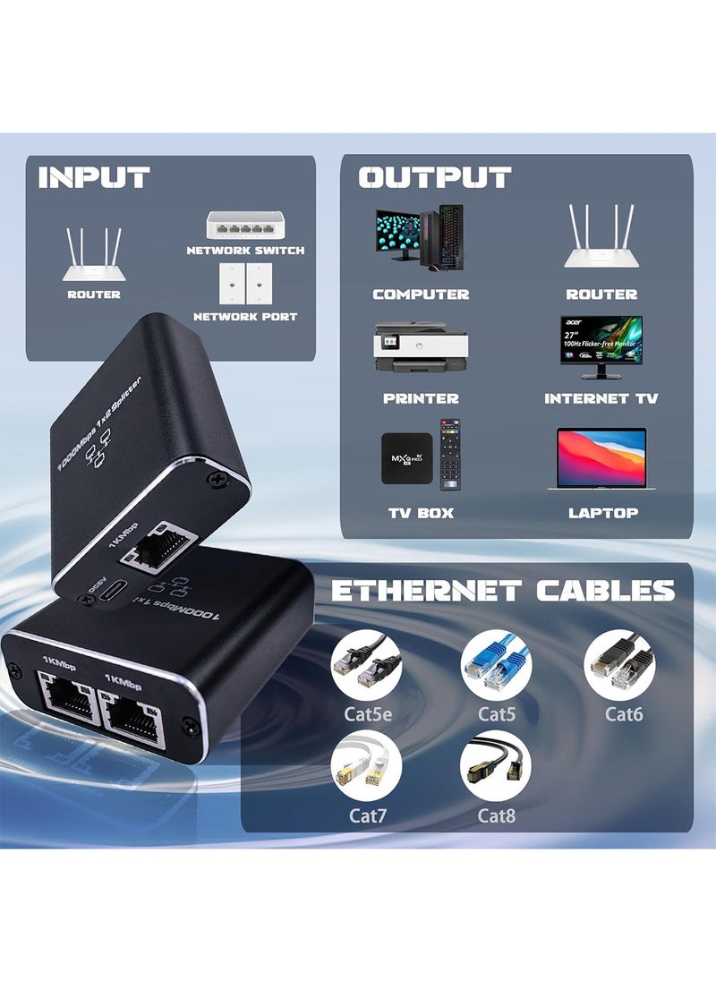 Aookay Ethernet Splitter 1 to 2, 1000Mbps RJ45 Gigabit Network Splitter 2 Port, LAN Splitter with USB Type-C Power Cable for Computer, Hub, Switch, Router, ADSL, Digital TV, etc Working Simultaneously (P2)  - Image 3