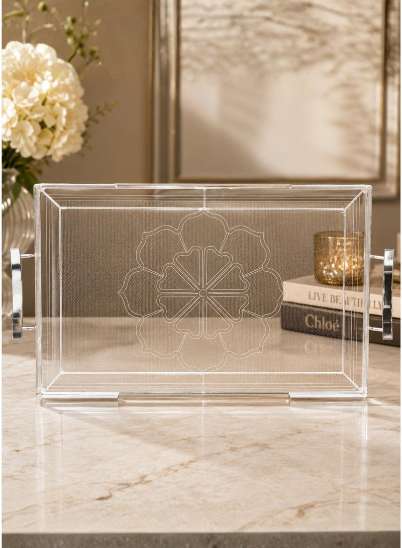 ALQANNAS Premium Engrave Acrylic Serving Tray with Silver Handles | Large Clear Decorative Tray, Durable Heavy-Gauge Acrylic - Image 2