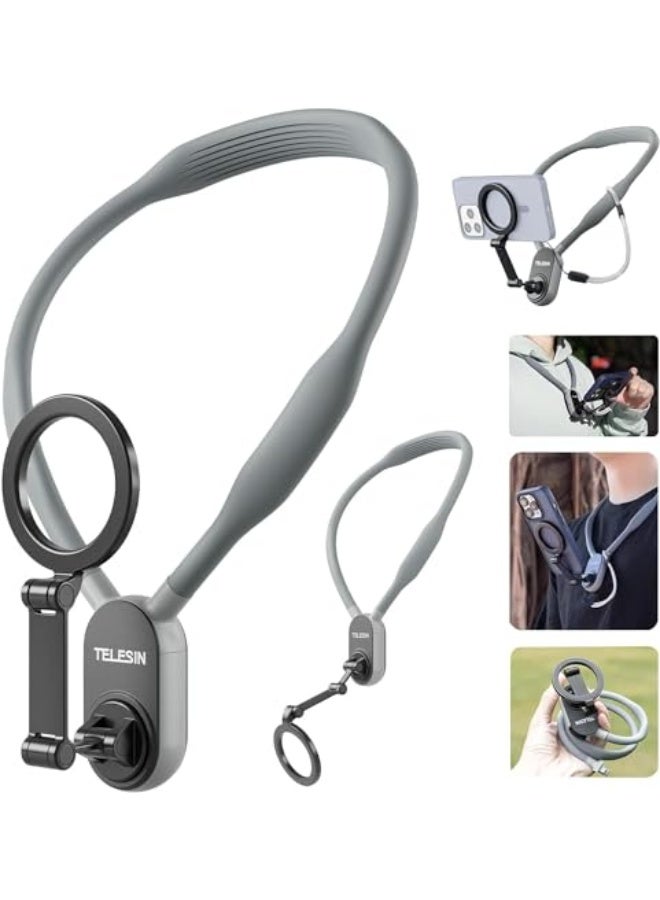 Magnetic cell phone holder to wear around the neck when taking selfies and recording hands-free blogs and videos for iPhone 15 14 13 12 Pro Max Plus Mini Gray - Image 1
