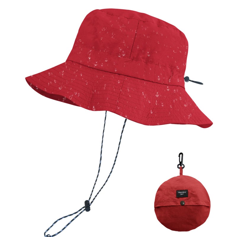 PFFY Quick Dry Waterproof Packable Bucket Hat for Women Men Outdoor Sun Hats with Detachable Chin Strap Red (More Loose) - Image 1