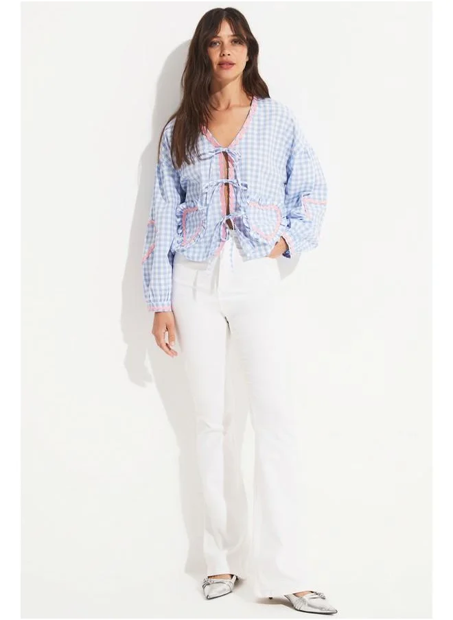 جون June Women Potikare Fited Front Tie Cotton Blend Shirt Blue