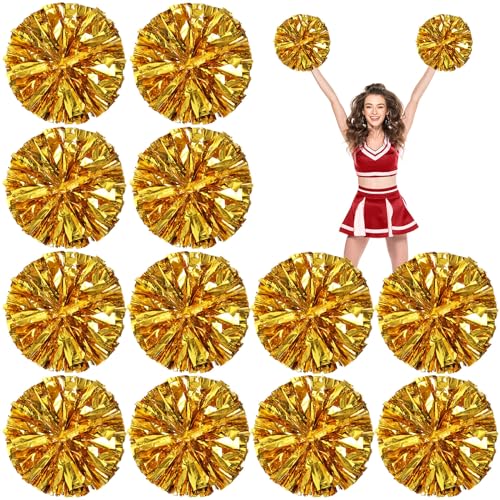 Deekin 12 Pcs Cheerleading Pom Poms Cheerleader Squad Spirited Fun Pompoms 12 Inch Metallic Foil Cheer Pom Poms with Handle Flowers for Sport Team Dance Costume Party 50g Weight EachGold - Image 1