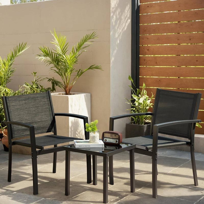 JUMMICO JUMMICO 3 Pieces Patio Furniture Set Outdoor Textilene Patio Chair Set of 2 with Table Modern Conversation Porch Set for Yard Garden Porch and Poolside Black  - Image 1