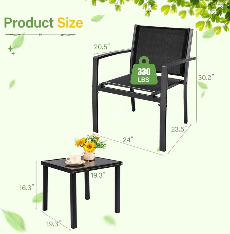 JUMMICO JUMMICO 3 Pieces Patio Furniture Set Outdoor Textilene Patio Chair Set of 2 with Table Modern Conversation Porch Set for Yard Garden Porch and Poolside Black  - Image 4