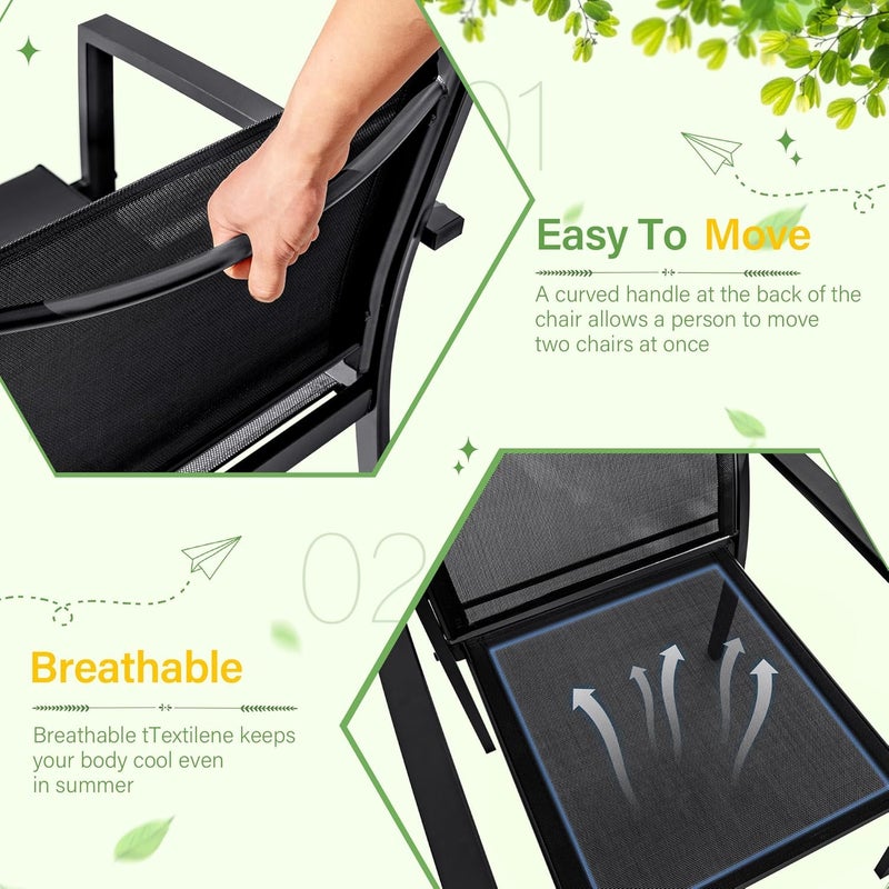 JUMMICO JUMMICO 3 Pieces Patio Furniture Set Outdoor Textilene Patio Chair Set of 2 with Table Modern Conversation Porch Set for Yard Garden Porch and Poolside Black  - Image 2