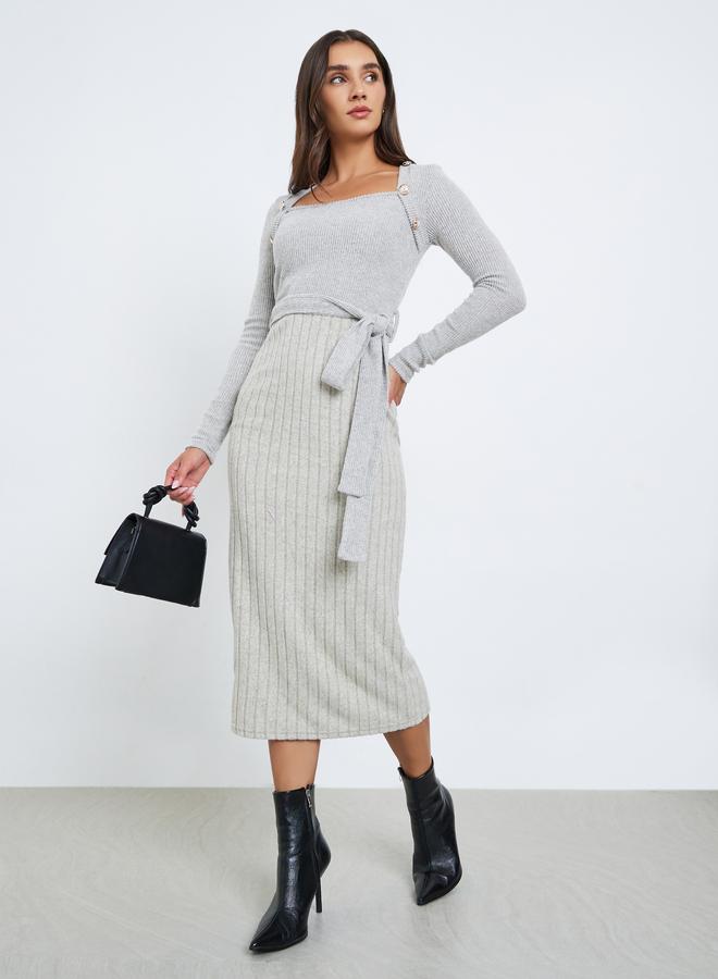 ستايلي فستان ميدي مضلع بأكمام طويلة - Image 2