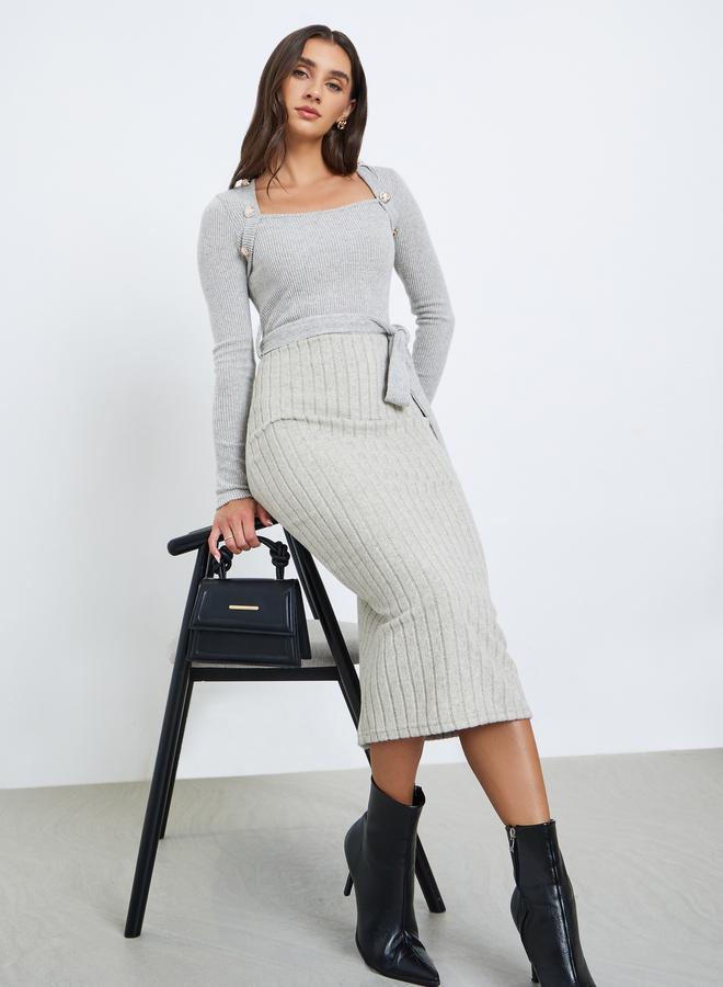 ستايلي فستان ميدي مضلع بأكمام طويلة - Image 1