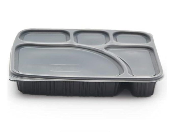 MEAL TRAY WITH LID SET OF 25PC MICROWAVE SAFE 5 COMPARTMENT PLATES FOR DINNER, LUNCH,UNBREAKABLE MADE OF 100% BPA FREE FOOD GRADE BLACK (5CP I 25PCS)