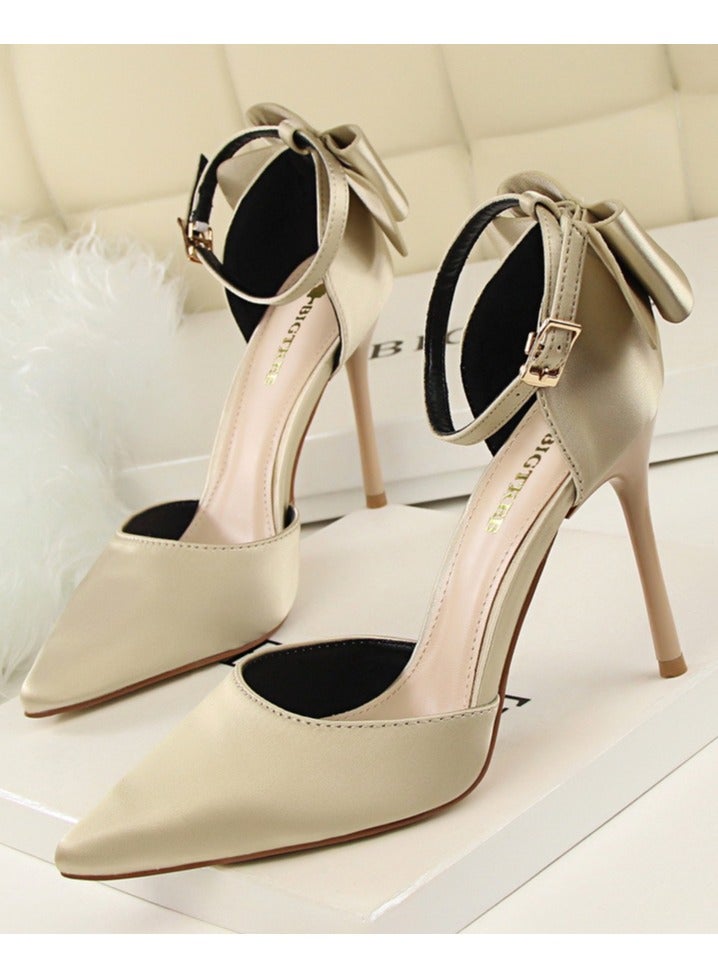 بيج تري Women's Closed Pointed Toe 10 CM High Heels with Bow Knot Ankle Strap Satin Stiletto Pumps Light Gold - Image 1
