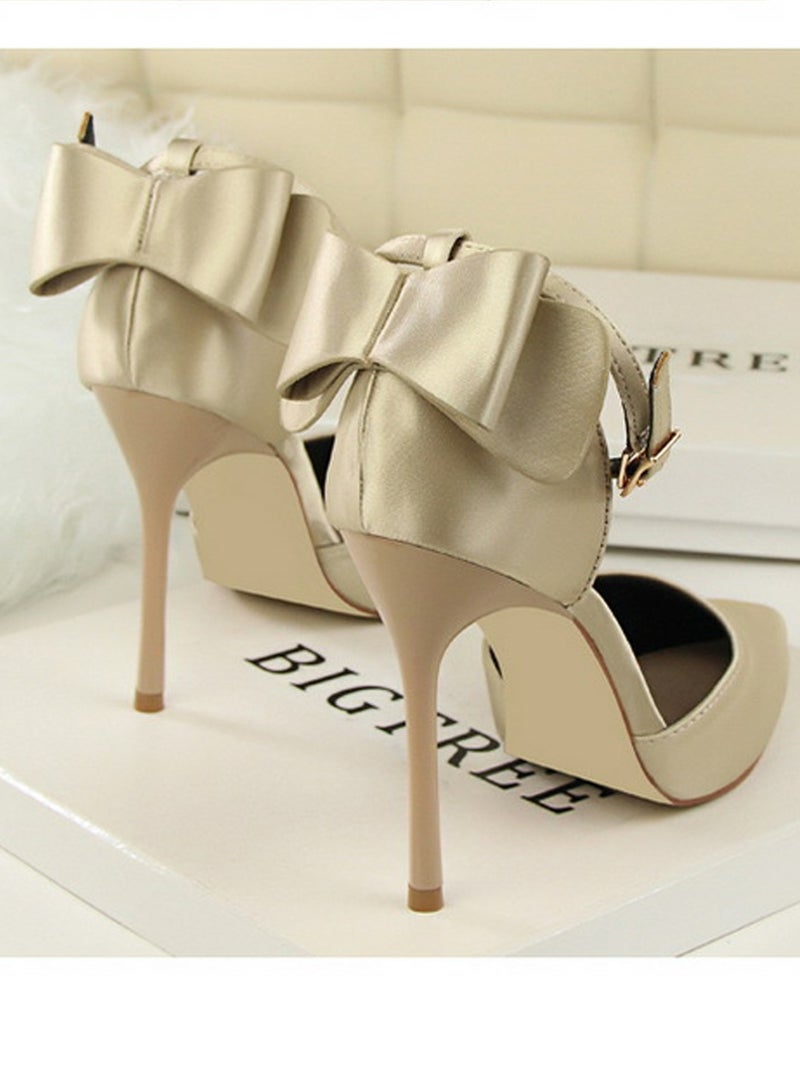 بيج تري Women's Closed Pointed Toe 10 CM High Heels with Bow Knot Ankle Strap Satin Stiletto Pumps Light Gold - Image 2