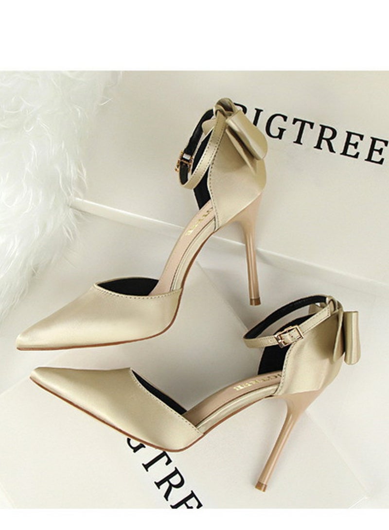 بيج تري Women's Closed Pointed Toe 10 CM High Heels with Bow Knot Ankle Strap Satin Stiletto Pumps Light Gold - Image 3