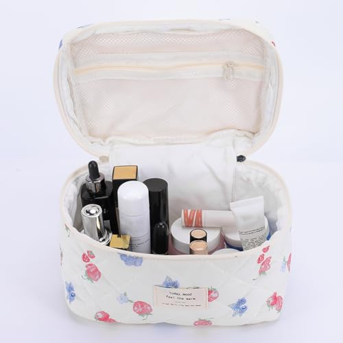 BBIQI Quilted Makeup Bag Set 3 Pcs Cotton Cute Makeup Bags For Women Large Aesthetic Floral Cosmetic Bag Coquette Flower Makeup Pouch - Image 4