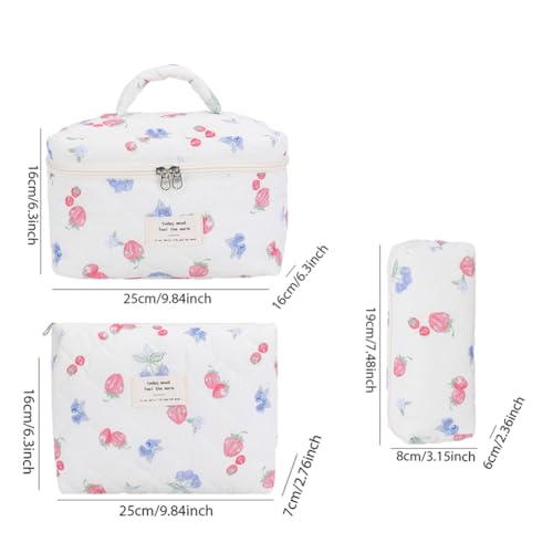 BBIQI Quilted Makeup Bag Set 3 Pcs Cotton Cute Makeup Bags For Women Large Aesthetic Floral Cosmetic Bag Coquette Flower Makeup Pouch - Image 3