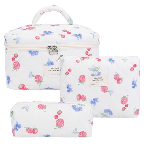 BBIQI Quilted Makeup Bag Set 3 Pcs Cotton Cute Makeup Bags For Women Large Aesthetic Floral Cosmetic Bag Coquette Flower Makeup Pouch - Image 1