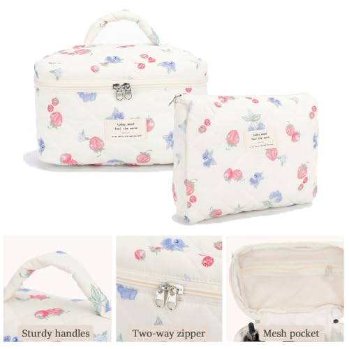 BBIQI Quilted Makeup Bag Set 3 Pcs Cotton Cute Makeup Bags For Women Large Aesthetic Floral Cosmetic Bag Coquette Flower Makeup Pouch - Image 2