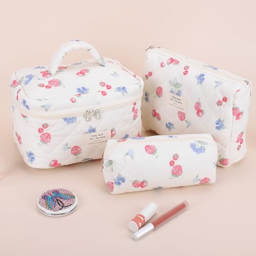 BBIQI Quilted Makeup Bag Set 3 Pcs Cotton Cute Makeup Bags For Women Large Aesthetic Floral Cosmetic Bag Coquette Flower Makeup Pouch - Image 5