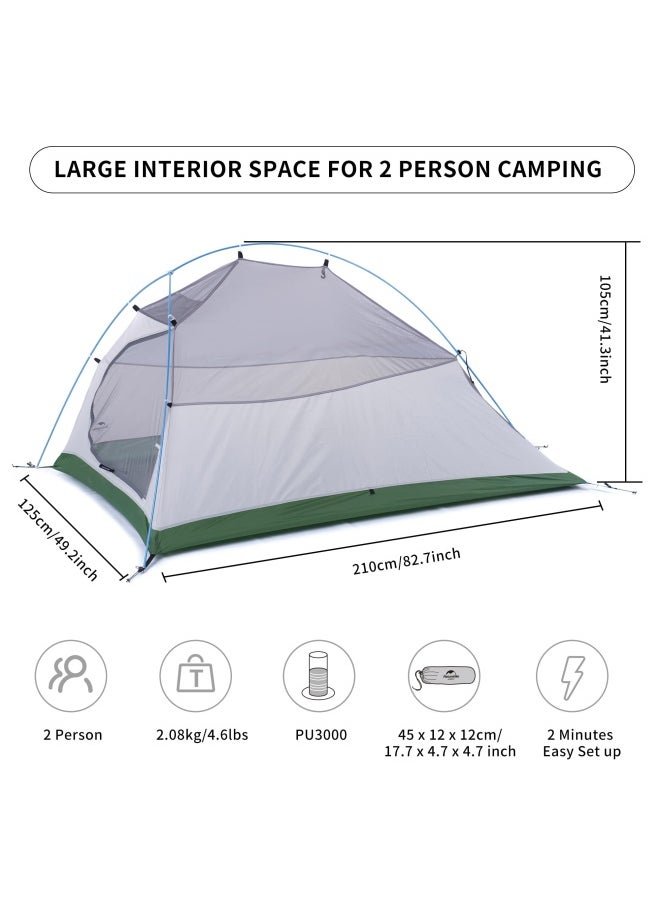 Naturehike Updated Cloud Up 2 Tent | 2-Person Rectangular Camping Tent | 210T Nylon, Waterproof | (210+60) X 125 X 100 Cm | Features: Ykk Zippers, Full-Coverage Rainfly | Color - Bud Green  - Image 2