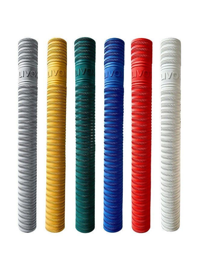 LIVOX Ring Texture Design Cricket Bat Rubber Grips for Better Shock Absorption Extra Cushioning Soft Touch (Gold, Silver, Green, Blue, Red, White, Pack of 6) - Image 1