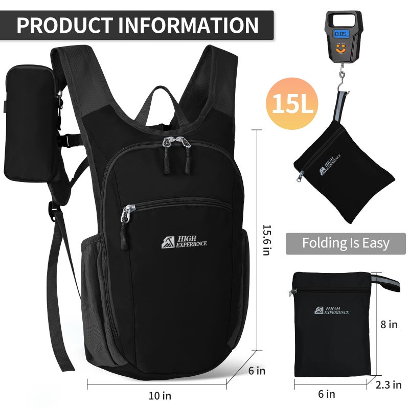 HIGH EXPERIENCE Hiking Backpack 10L/15L Small Daypack Lightweight Packable Travel Foldable Water Resistan for Women Men (Black, 15L) - Image 3