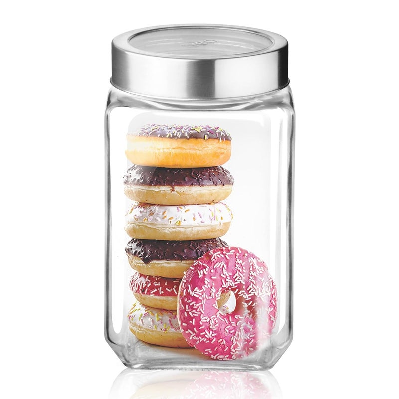 TREO by Milton Cube Storage Containers, 1800 ml, Glass Jar with Air Tight Steel Lid, 1 Piece, Transparent Jars for snacks, Pulses, Masala, Pickles, Cereals, Cookies, Dry Food - Image 1