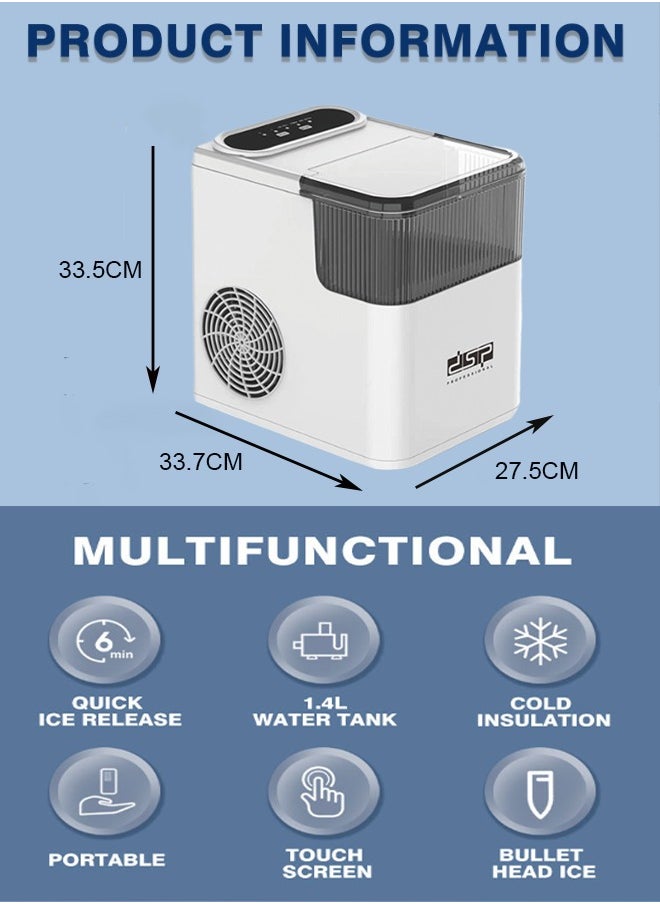 DSP 165W Electric Ice Maker 1.4L, Cubes Ready in under 6 Minutes, Compact Automatic Ice Maker, Portable Ice Cube Maker with Scoop and Basket,Perfect for Home/Kitchen/Office/camping/, White  - Image 2