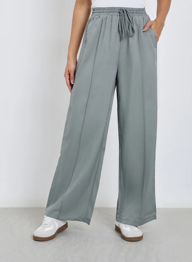 Styli Styli Grey Linen Look Wide Leg Pants with Pintuck