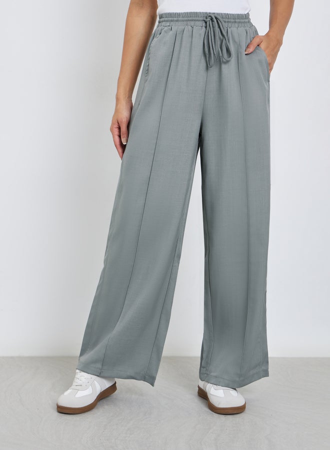 Styli Grey Linen Look Wide Leg Pants with Pintuck - Image 2
