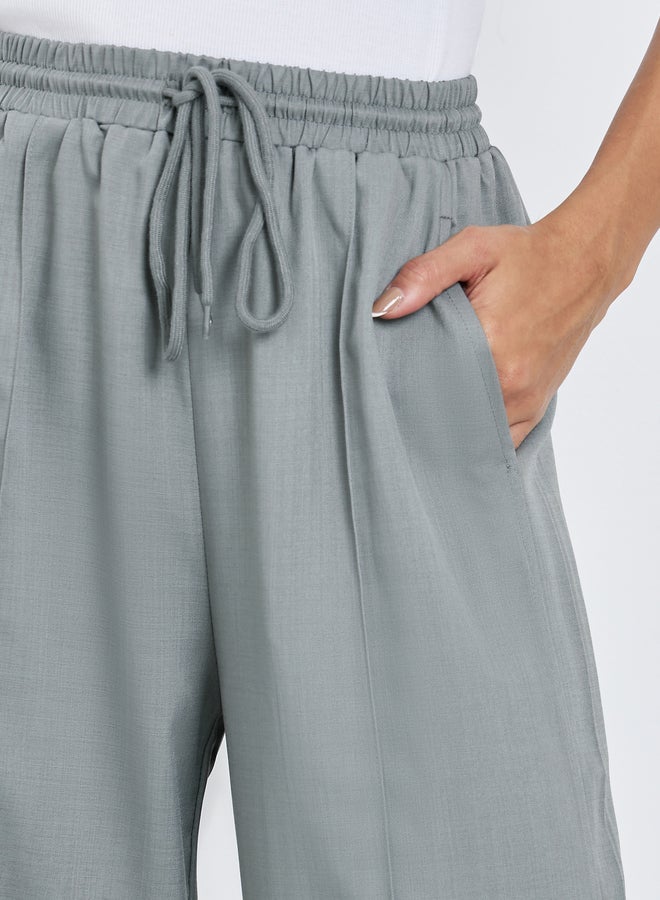 Styli Grey Linen Look Wide Leg Pants with Pintuck - Image 3