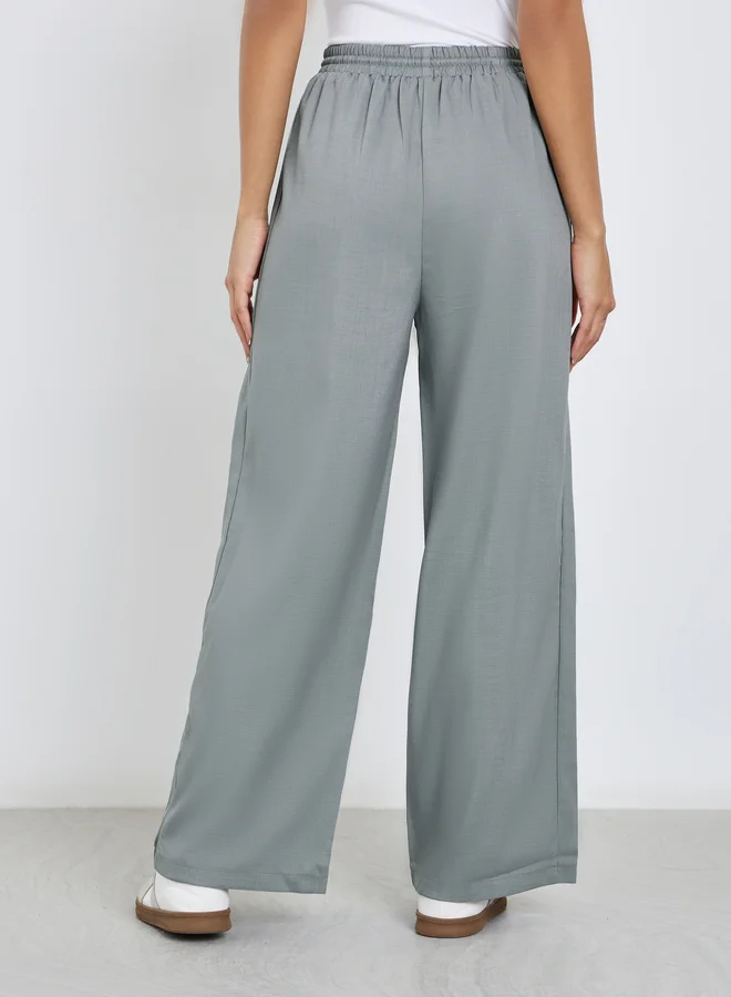 Styli Styli Grey Linen Look Wide Leg Pants with Pintuck