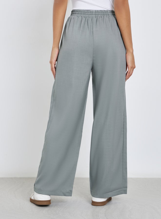 Styli Grey Linen Look Wide Leg Pants with Pintuck - Image 4