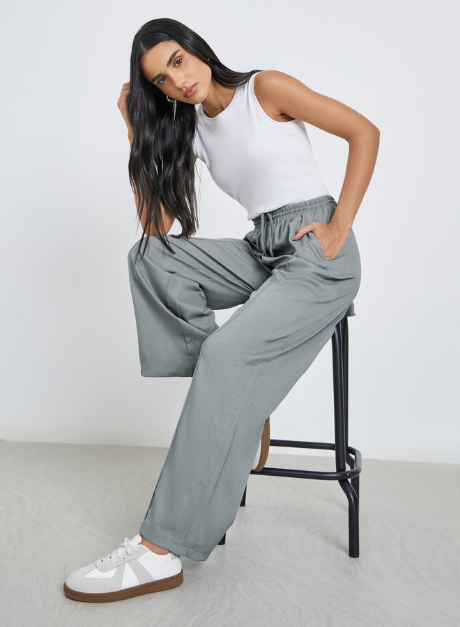 Styli Grey Linen Look Wide Leg Pants with Pintuck - Image 1