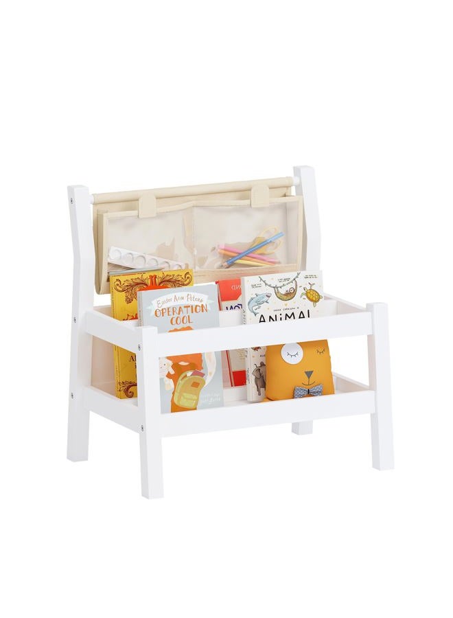 Spirich Kids Bookshelf with Storage, Montessori Book Shelf for Kids Rooms, Toddler Book Caddy with Clear Pouch, Floor Children Bookcase Wood, Holds Up to 50 Books and Toys, White - Image 1