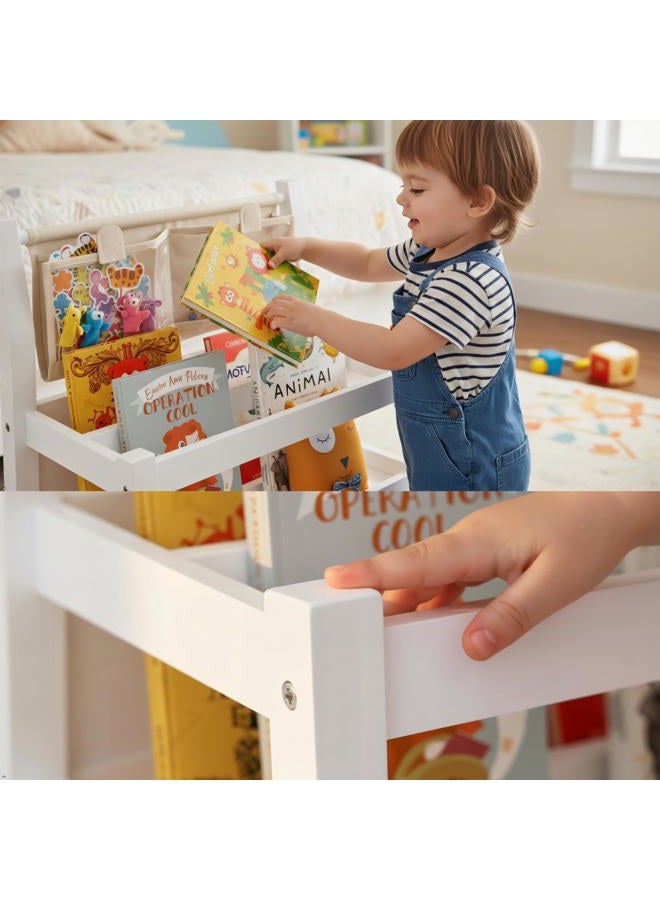 Spirich Kids Bookshelf with Storage, Montessori Book Shelf for Kids Rooms, Toddler Book Caddy with Clear Pouch, Floor Children Bookcase Wood, Holds Up to 50 Books and Toys, White - Image 3