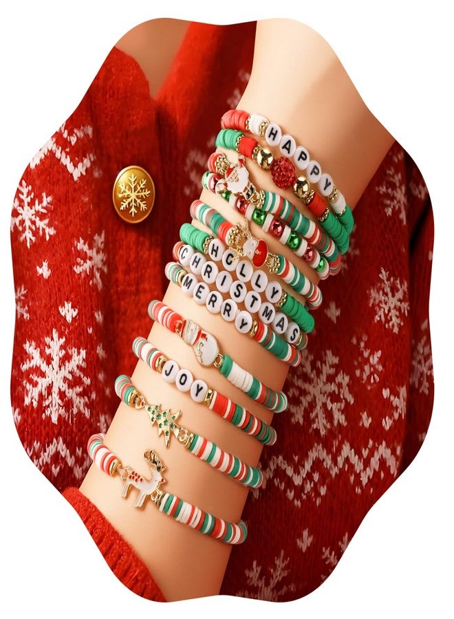 CUBACO 12 Pack Christmas Bracelets Jewelry for Women Handmade Candy Beaded Bracelets Letter Stretch Bracelet Bulk White Red Green Friendship Christmas Decorations Holiday Stocking Stuffers Gifts - Image 1