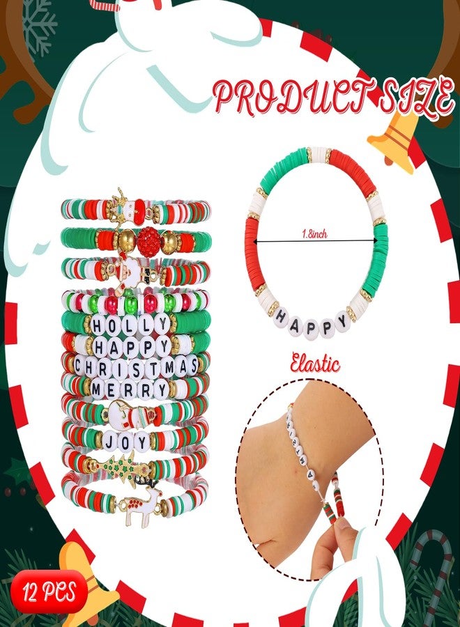 CUBACO 12 Pack Christmas Bracelets Jewelry for Women Handmade Candy Beaded Bracelets Letter Stretch Bracelet Bulk White Red Green Friendship Christmas Decorations Holiday Stocking Stuffers Gifts - Image 4