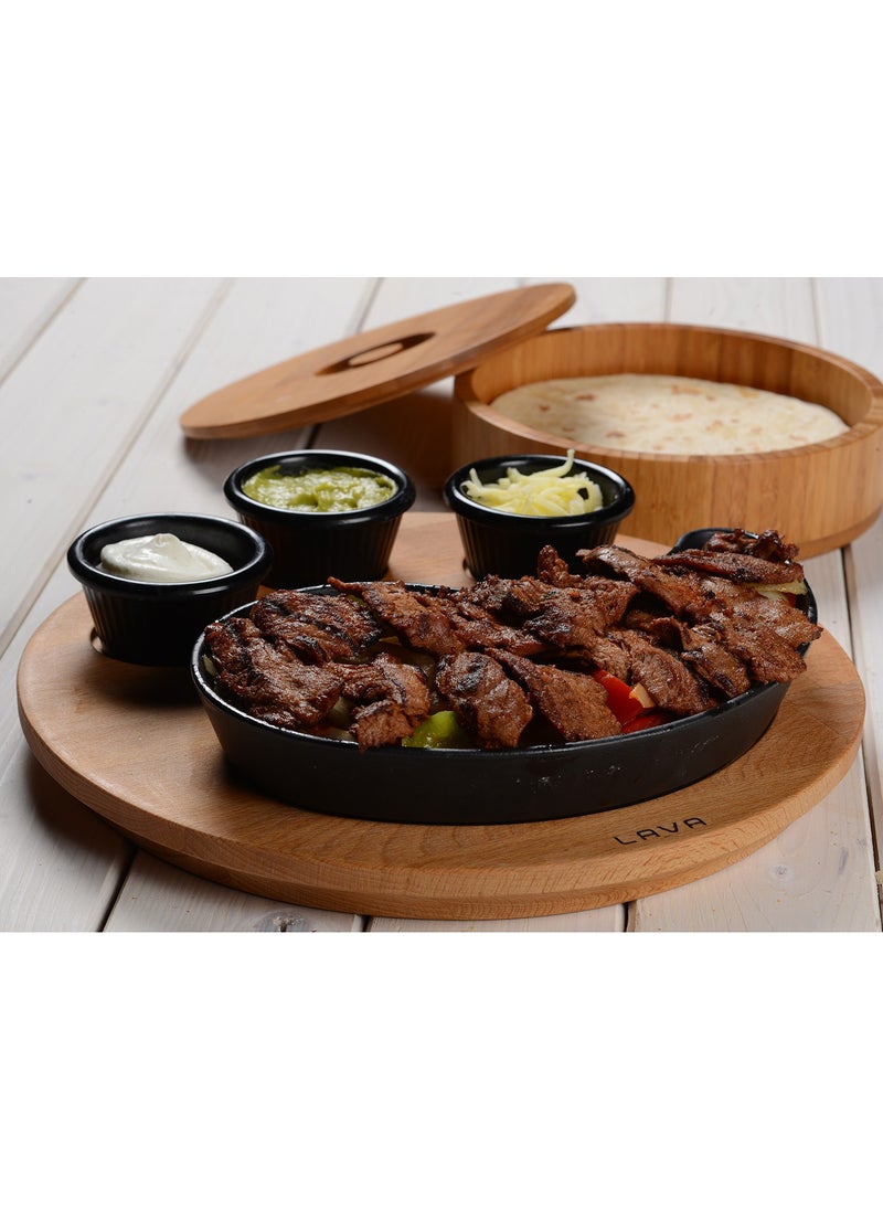 Lava Cast Iron Fajita Pan and Wooden Base. Yingyang Shaped. SIZE 10X20CM. (Sauce Cups Are Not Included in This Product)  - Image 2