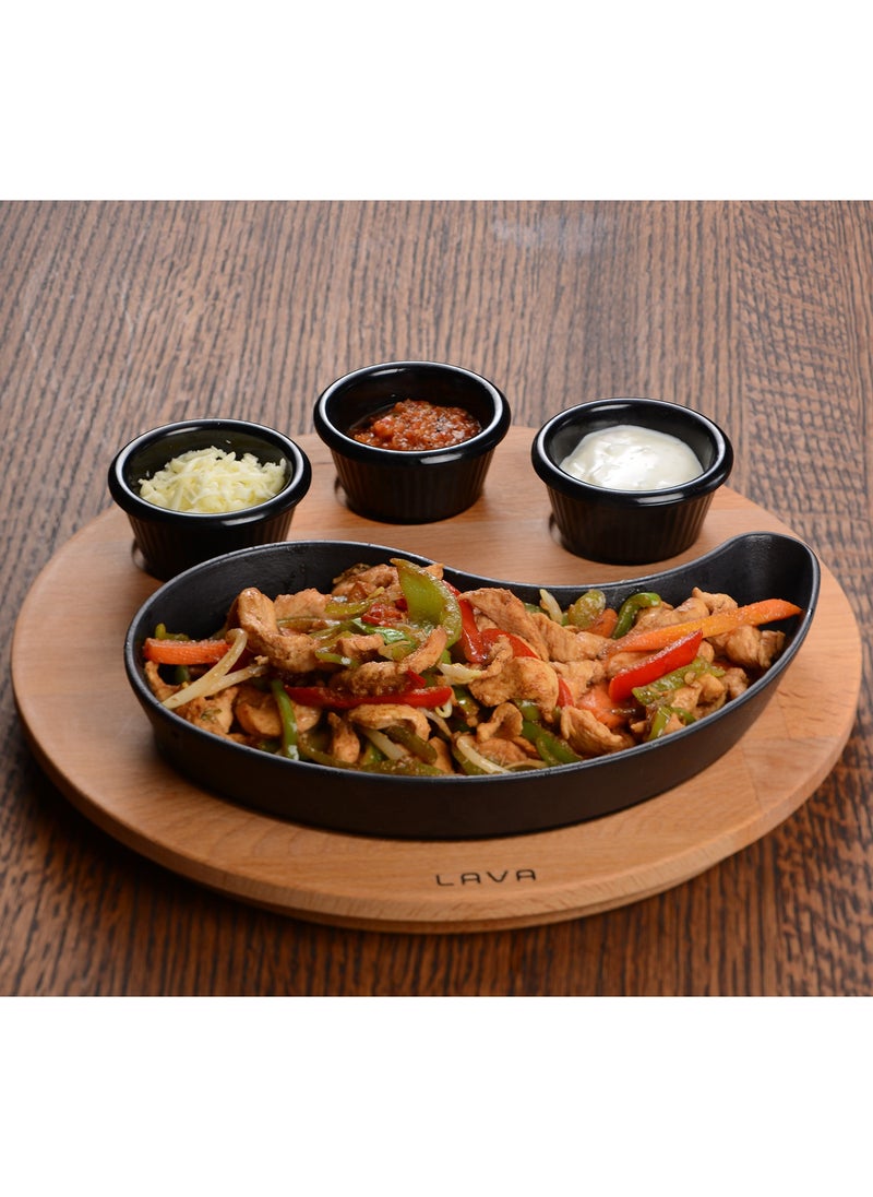 Lava Cast Iron Fajita Pan and Wooden Base. Yingyang Shaped. SIZE 10X20CM. (Sauce Cups Are Not Included in This Product)  - Image 3