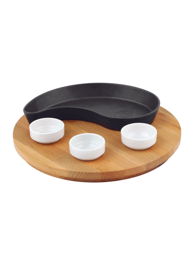 Lava Cast Iron Fajita Pan and Wooden Base. Yingyang Shaped. SIZE 10X20CM. (Sauce Cups Are Not Included in This Product)  - Image 1