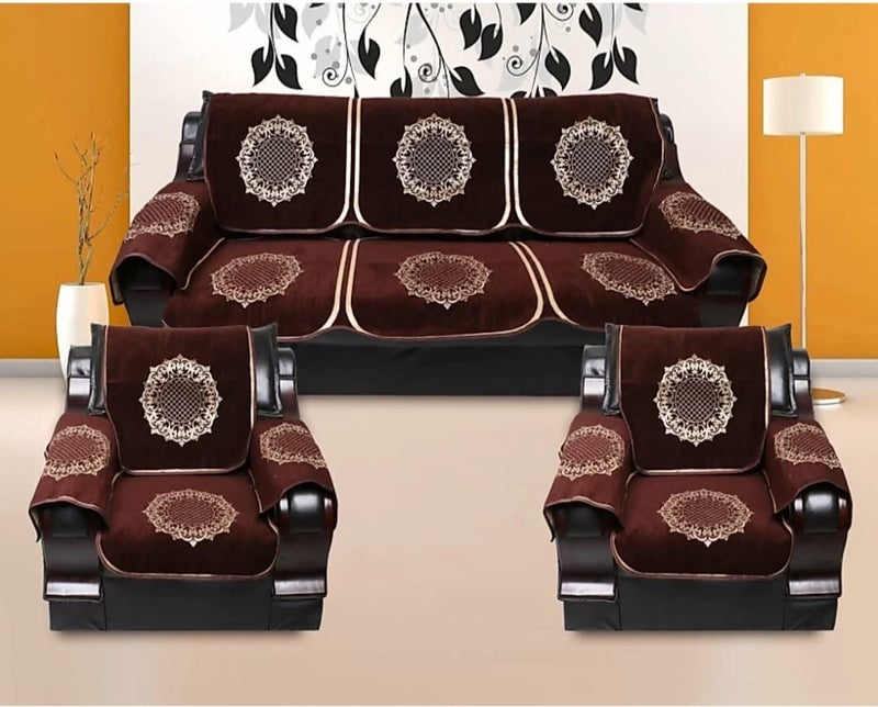 jayvaam Premium 5 Seater Printed Sofa Cover Set with Arm Covers, 3,1,1 Seater 16 Pieces Sofa Back Slip Panels, Protector for Single Seater,Coffee (Pack of 12) - Image 1