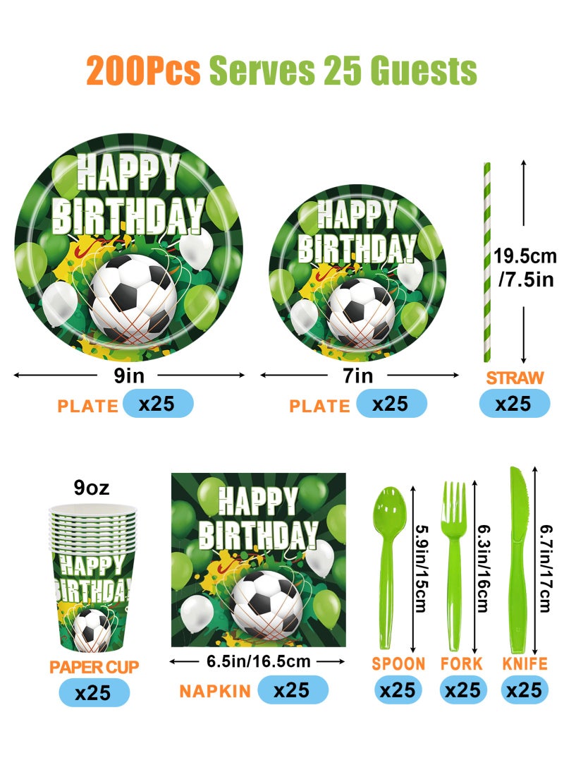 هومار كيت مجموعة أدوات مائدة لحفلات أعياد الميلاد مكونة من 200 قطعة، لوازم حفلات أعياد الميلاد، أطباق استحمام الطفل، أطباق ورقية، أكواب، مناديل ومجموعات أدوات مائدة لـ 25 ضيفًا، مجموعة أدوات مائدة للاستخدام مرة واحدة بطابع كرة القدم - Image 2